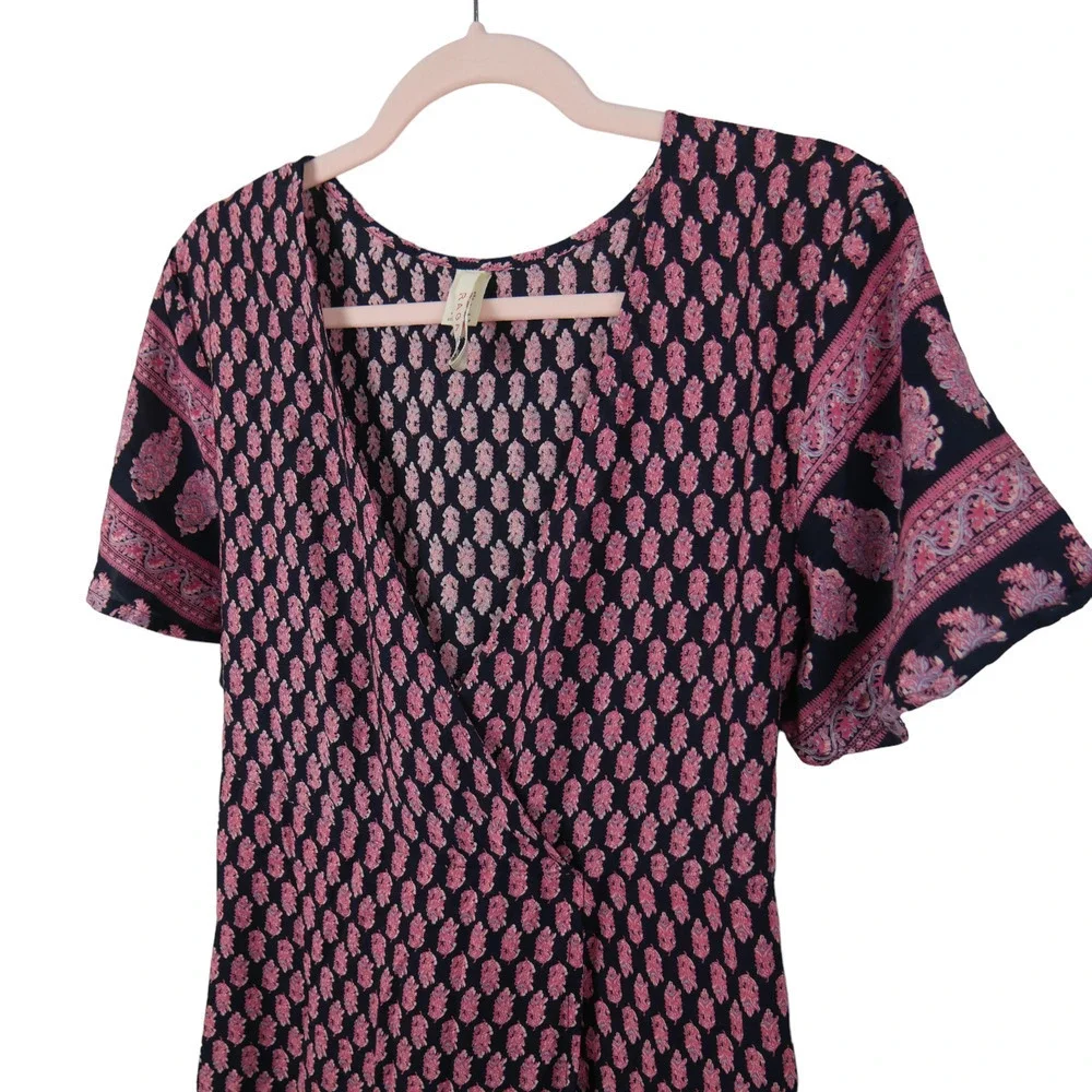 RAGA Avah Wrap Mini Dress Bohemian Pink Printed Dress Size Medium - Picture 3 of 7